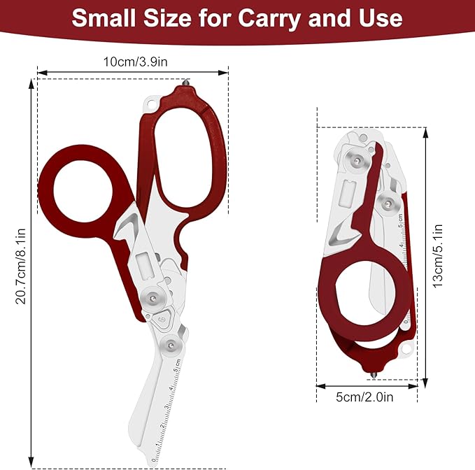 6 in 1 Multifunctional Combination Tool Folding Retractable Emergency Shears Outdoor Camping Tools Seat Belt Cutter Oxygen Cylinder Wrench Complimentary Adjustable Wrench (red)