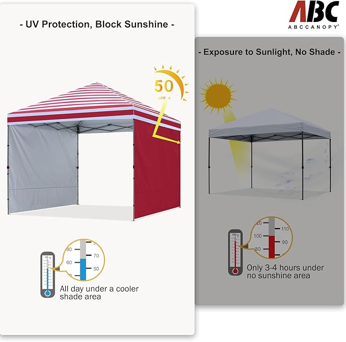 ABCCANOPY Easy Pop up Canopy Tent with 2 Sidewalls for Outdoor Sun Blocking or Rain Protection10x10 Red Stripes