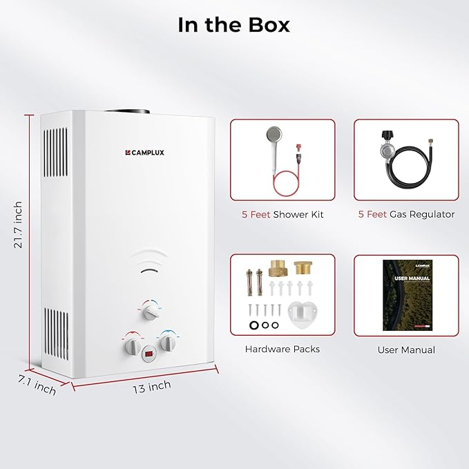 CAMPLUX Tankless Water Heater Propane 2.64GPM Portable Water Heater for Off Grid Camping BW264 White