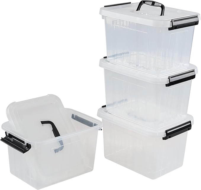 4 Packs Plastic Stackable Storage Container Bin with Lid and Latch Plastic Latching Box with Handle 5 L