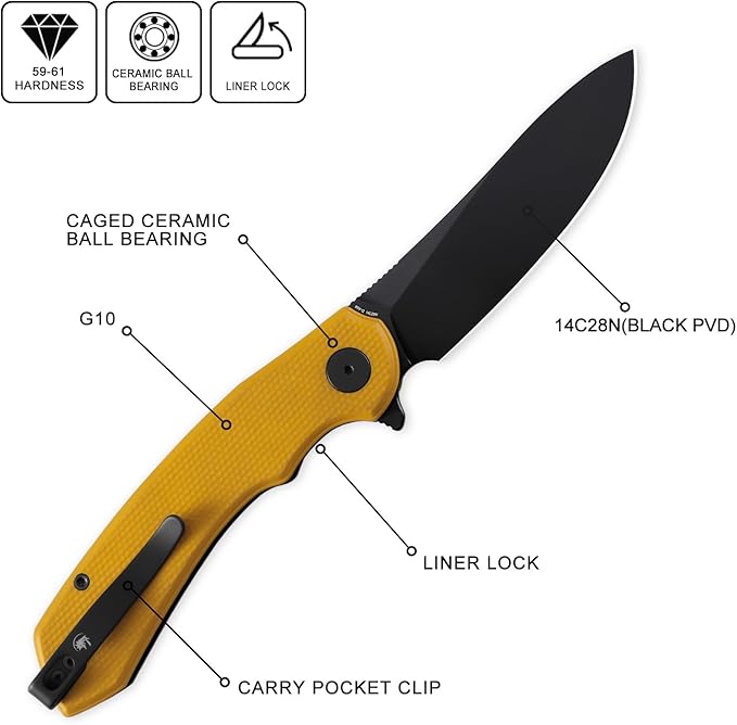 Petrified fish PFP12 WaterSpout Folding Knife3.54 14C28N Steel Blade G10 Handle Folding Pocket Knife for Camping EDC Outdoor (Yellow Black Stonewashed)