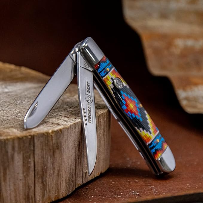 WHISKEY BENT HAT CO. Traditional Trapper Folding Pocket Knife 4.125 Closed Length 440C Stainless Steel Blades (Woodstock)