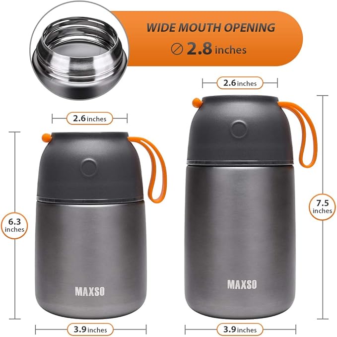 MAXSO 2 Pack Soup Thermo for Hot &amp Cold Food for Kids Adults Vacuum Insulated Food Jar Thermal Lunch Containers Travel Food Flask with Spoon (24 oz17 oz) (Grey)