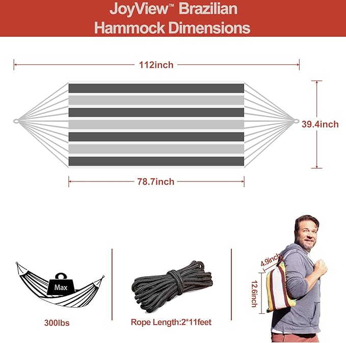 JoyView Brazilian Hammock for Single Preson Portable Hammock with Hanging Ropes &amp Carry Bag Large 78.8x39.4” for Patio 300LBS Capacity Perfect for Outdoor/Indoor - Grey Stripe