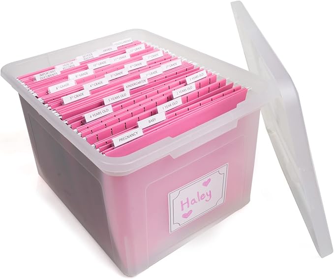 Kid's Craft Memory Keepsake Organizer Box - Clear Storage Latching Bin with Hanging File Folders and Custom Tab Inserts (Pink)