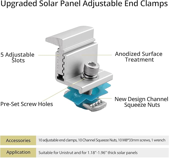 Anbte 10pcs Adjustable Solar Panel End Clamp for Unistrut 30-50mm Aluminum Solar Panel Mounting Brackets with Nuts Bolts and Wrench for Metal Roof Tin Roof Flat Roof Sheet Roof RV Silver