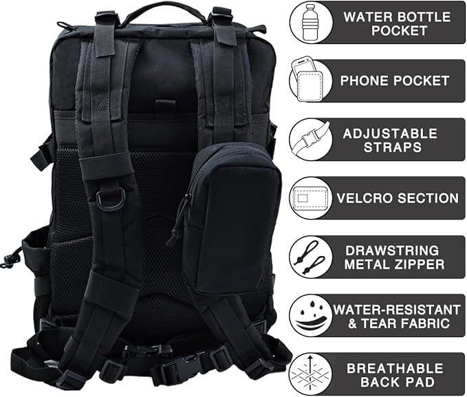 Military Tactical BackpackSturdy Work &amp Molle Laptops Rucksack Heavy Duty Pack for Hiking Camping Travel Fishing GymBlack