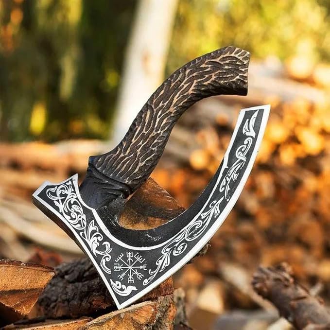 Viking Pizza Axe | Engraved Blade Pizza Cutter with Rosewood Handle &amp Leather Sheath | Norse Style Collectible Kitchen Tool &amp Gift for Pizza Lovers (WCA-027)
