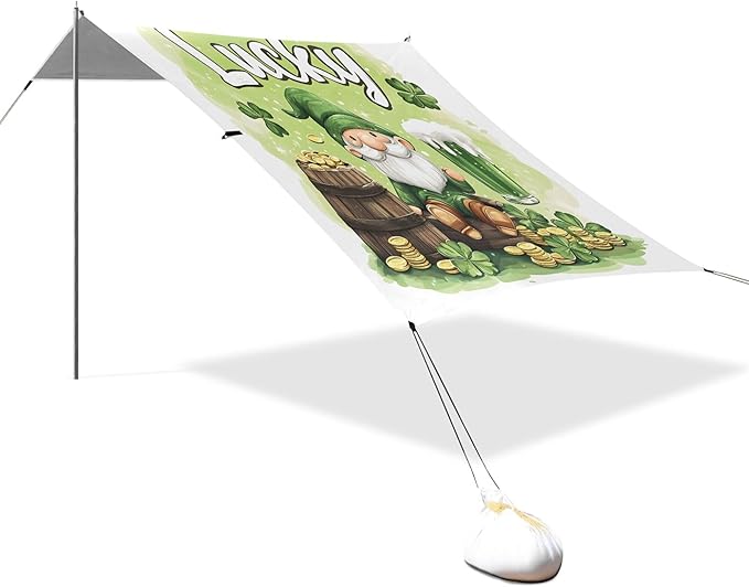 St. Patrick's Day Beach Canopy Sun Shelter with Sandbags &amp Sand Shovel &amp Windproof Ropes - Portable 110x126 Beach Shade Beach Tent for Camping Picnics