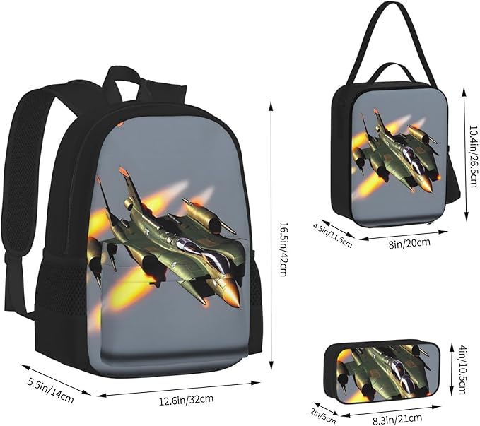3pcs Backpack Sets Jet Fighters Printed Backpacks Set With Lunch Bag Pencil Pouch
