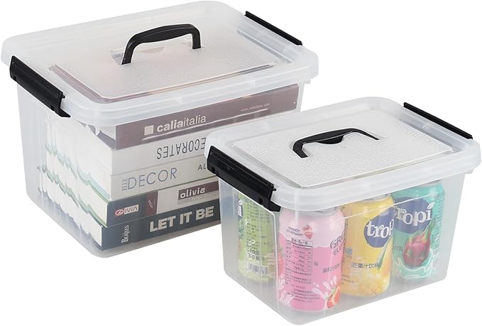 Ggbin Clear Plastic Latch Storage Box with Handle 6 Quart &amp 12 Quart Lidded Storage Container 2 Packs