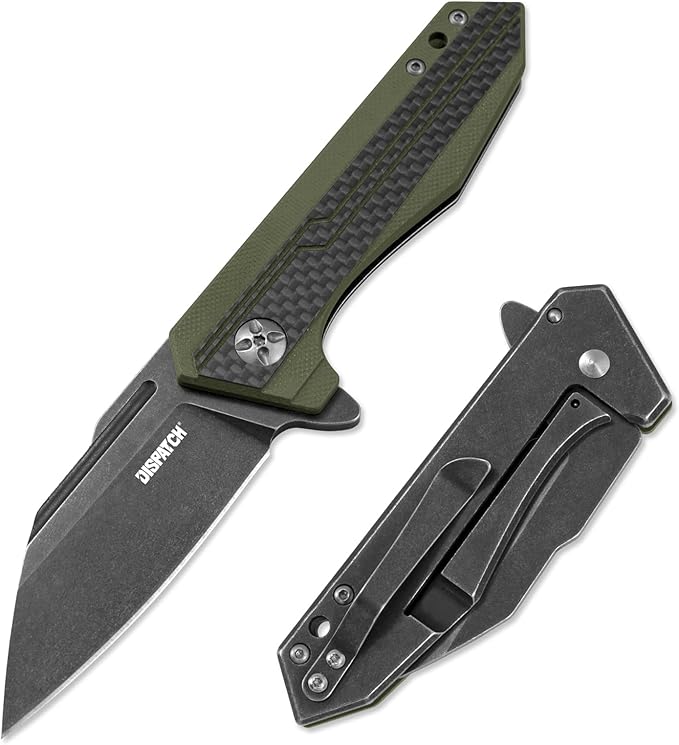 DISPATCH 2.83'' Folding Pocket Knife with 8Cr13MoV Reverse Tanto Blade Military Green G10 + Carbon Fiber Handle Frame Lock Front Flipper EDC Knife with Pocket Clip for Camping Hiking and Outdoor Us