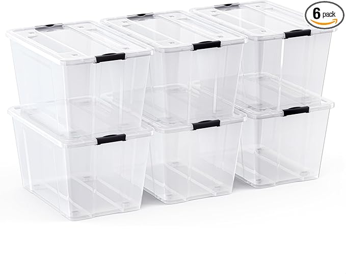 Lifetime Appliance Parts 6 PACK 54 Qt. Plastic Storage Bin Tote Organizing Container with Ultra Durable Lid &amp Secure Latching Buckles Stackable Extra Strength Clear w/Black Handle