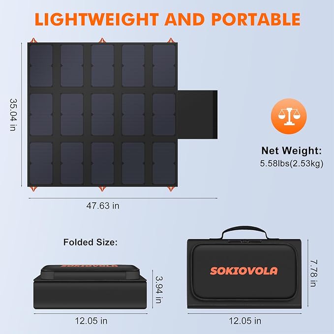SOKIOVOLA 100W Portable Foldable Solar Panel 20V Portable Solar Charger with QC3.0 USB-A &amp Type-C Output IP68 Waterproof for Cell Phones Camera Outdoor Camping RV Hiking Travel Small Power Station