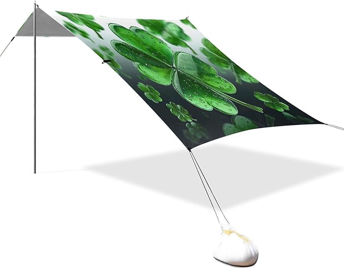 St Patrick's Day Crystal Clovers Beach Tent Sun Shelter Set UPF50+ UV Protection 10.5 x 9.19 FT Camping Shade Canopy with Sandbags Sand Anchors Carrying Bag and Others