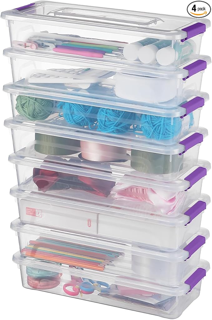 Clear Plastic Storage Bins with Lids Stackable Storage Box for Crafts Supplies (Small 8Pack Purple)