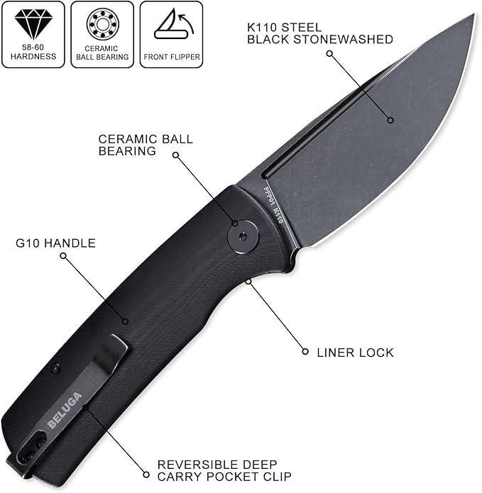 Petrified fish PFP01 k110 steel folding knife G10 handle Front flipper outdoor Camping survival hunting EDC tool knives (Black G10 Stonewashed)