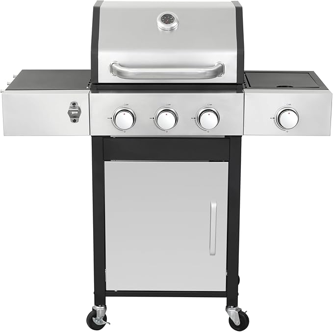 BBQ Grill 3-Burner Propane Gas Grill with Side Burner 37230 BTU Output Enameled Cast Iron Cooking Grids &amp Stainless Steel Front Door for Outdoor BBQ Camping and Family Gatherings