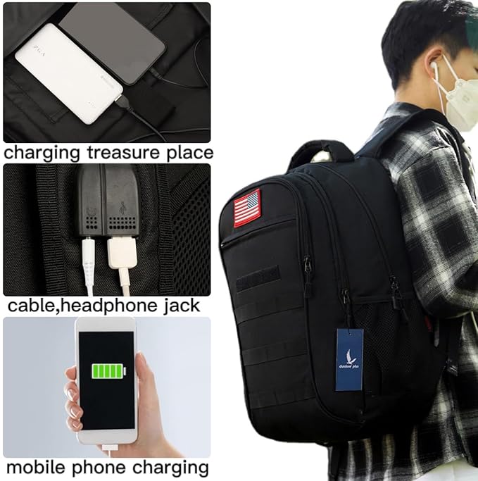 outdoor plus Camo BackpackMilitary Boys Backpacks for School40L Army Bookbag with USB Charging Port Waterproof