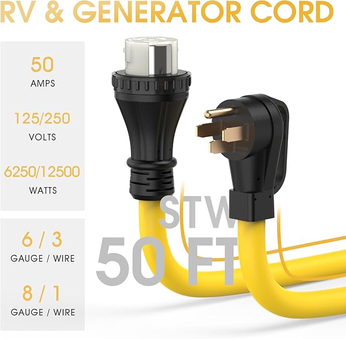 TOOLIOM 50 Amp Generator Cord NEMA 14-50P/SS2-50R Twist Lock 50 AMP for RV 125/250V 12500W 6/3+8/1 AWG STW Generator Extension Cord ETL Listed (50FT)