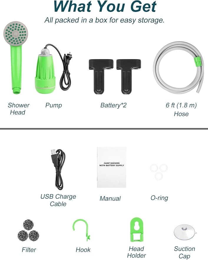 innhom Portable Shower Camping Shower Outdoor Camp Shower Pump Electric Rechargeable Portable Camping Shower Powered by Rechargeable Battery