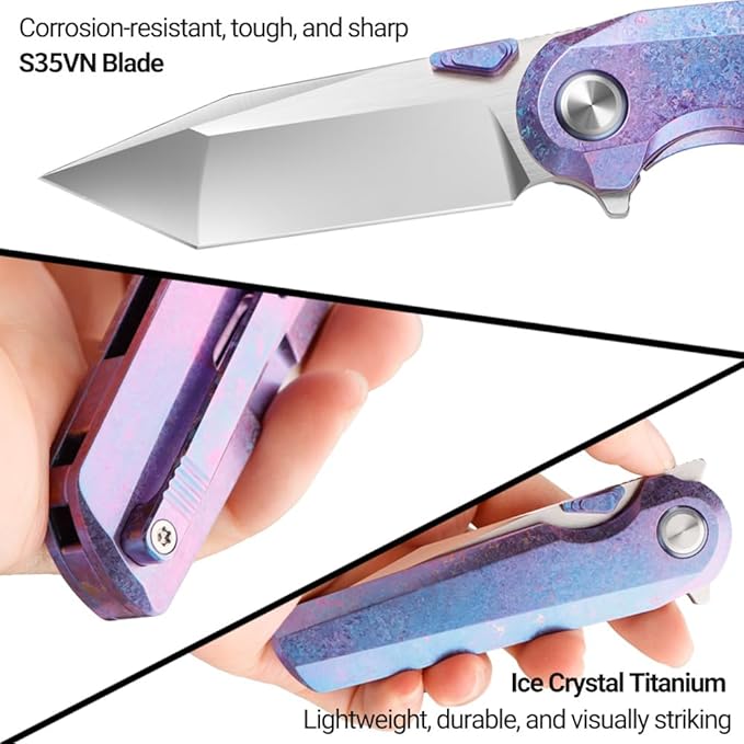 ioko Pocket Folding Knife with Titanium Alloy Handle S35VN Steel Blade Ice Crystal Anodized Finish 2.9 Inch Blade EDC Camping Hiking Outdoor (blue-purple)