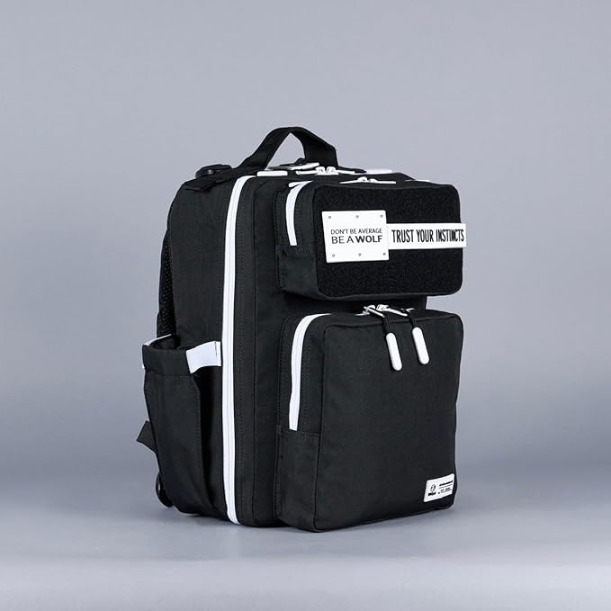 WOLFpak 15L Slim Tactical Gym Backpack - Durable 1000D Waterproof Oxford Material | Minimalist Daypack w/Laptop Pocket &amp Dual Cup Holders | Great for Travel &amp EDC | (Alpha Black White Accents)