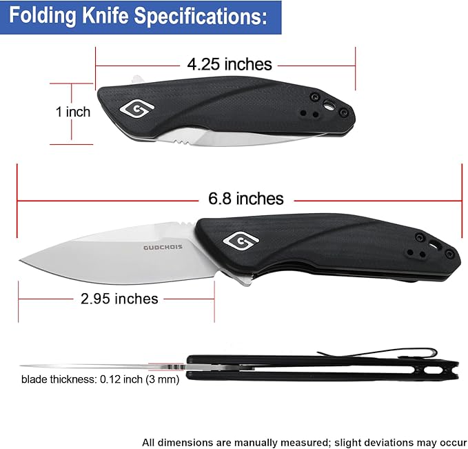 Folding Pocket Knife 2.96 D2 Steel Blade G10 Handle CNC Machined Grip EDC Knife with Pocket Clip for Camping Hiking Hunting