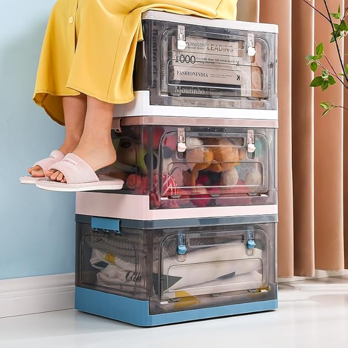 Storage BinsClear Plastic Folding Storage Box with Lid with Wheels Stackable Plastic Box For Home Dorm and Office Organization Fabric Toys Books Snacks Bottles (50 Quarts White)
