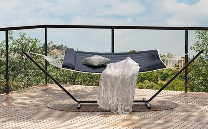 2 Person Hammock with Heavy Duty 500Lb Capacity Stand - Portable Cotton Rope Hammock &amp Quilted Comfort Pad - Relax Together Indoor or Outdoor (Gray)