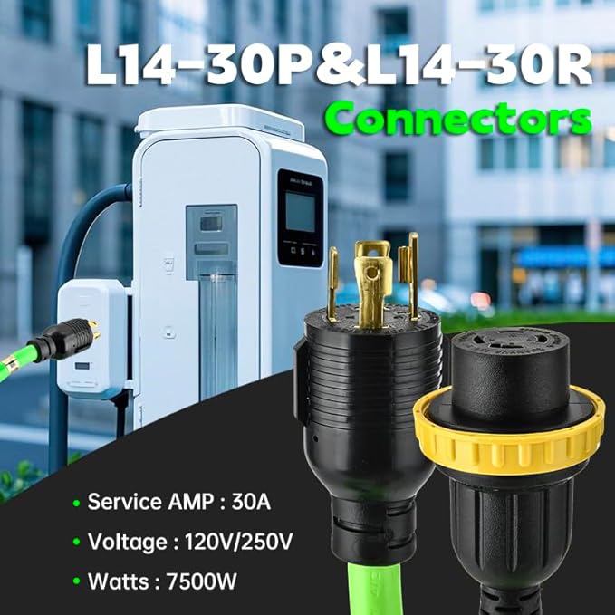 30 Amp Generator Extension Cord (25 Feet) 4-Prong 120/250 Volt 7500W Lock L14-30P/L L14-30R 10 Gauge SJTW Locking Power Cord for Manual Transfer Switch ETL
