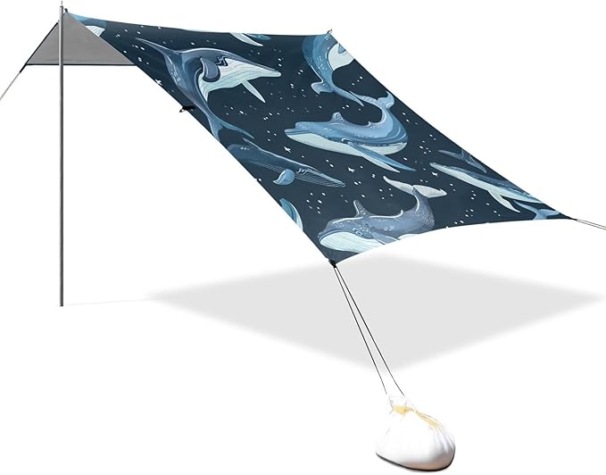 ALAZA Whale Polka Dots Beach Tent Sun Shelter UPF50+ Protection Beach Shade Canopy w/ 4 Sandbags for Outdoor Camping Fishing Backyard Fun Picnic 10x9 ft