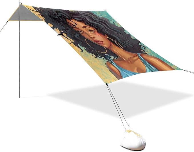 ALAZA American Woman with Curly Hair Art Beach Tent Sun Shelter Portable Canopy Sunshade for Outdoor Camping Picnics Backyard Fun 10x9 ft