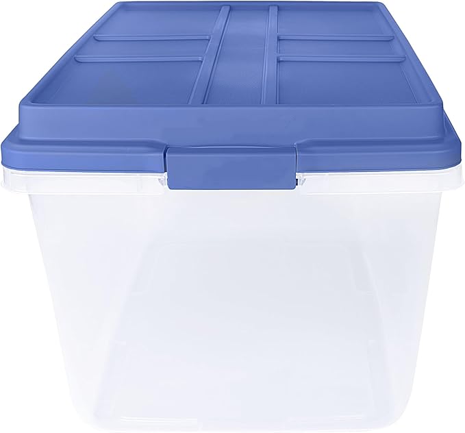2 Pack 113 Quart Clear Plastic Storage Bins Stackable with Locking Latches &amp Smoke Blue Lid Dust-Resistant Organizer for Garage Home Office Attic Store Seasonal Decor Tools Crafts Blanket