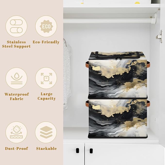 Marble Storage Bins with Zipper Lid Abstract Fabric Lidded Storage Baskets Cubes with Handles Decorative Foldable Shelf Closet Organizer Container