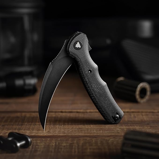 TRIVISA knives - Lacerta-04B |Hawkbill EDC Pocket Flipper Knife for Men Folding Pikal Knife with Reversible Wire Clip 3.34 PVD Blackwash 14C28N Steel Blade &amp Micarta Handle