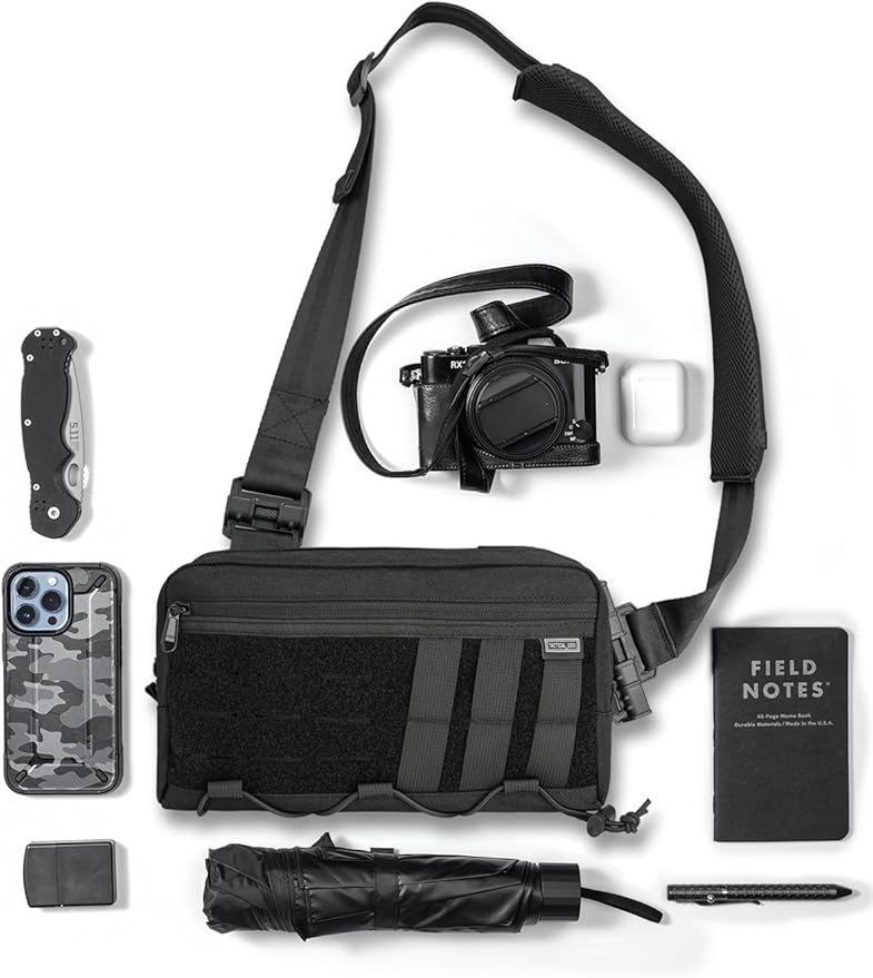 TACTICAL_GEEK Cache L3C EDC Sling Bag Chest Lightweight Shoulder Daypack Travel Hiking Concealed Carry Crossbody Bag Tactical Backpack Hiking Ambidextrous Strap (1000D-Black)