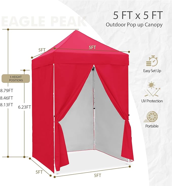 EAGLE PEAK 5x5 Instant Canopy with 4-Side Wall Panels Small Pop up Portable Canopy Tent with Carry Bag Light Weight Sun Shelter for Sports Camping and Beach Red