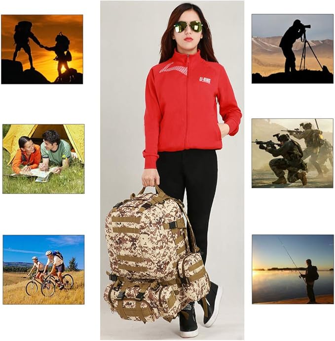 Tactical Backpack 55L with Built-up 3 MOLLE Bags Rucksacks for Travelling