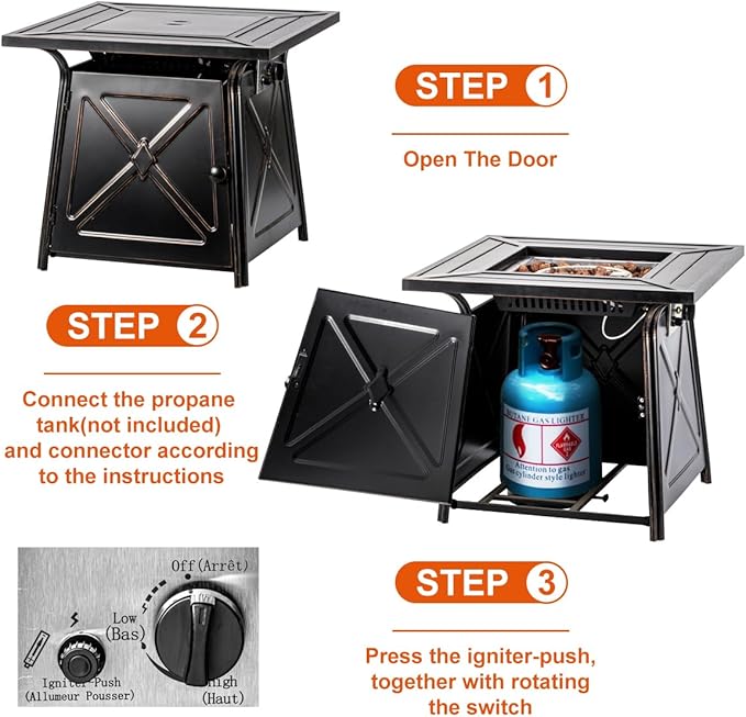 OutVue 28 inch Propane Fire Pit TableGas Fire Pits Table for Outside50000 BTU Propane Firepit with Lid &ampLava RocksGas Firepit for GardenYard (Black)