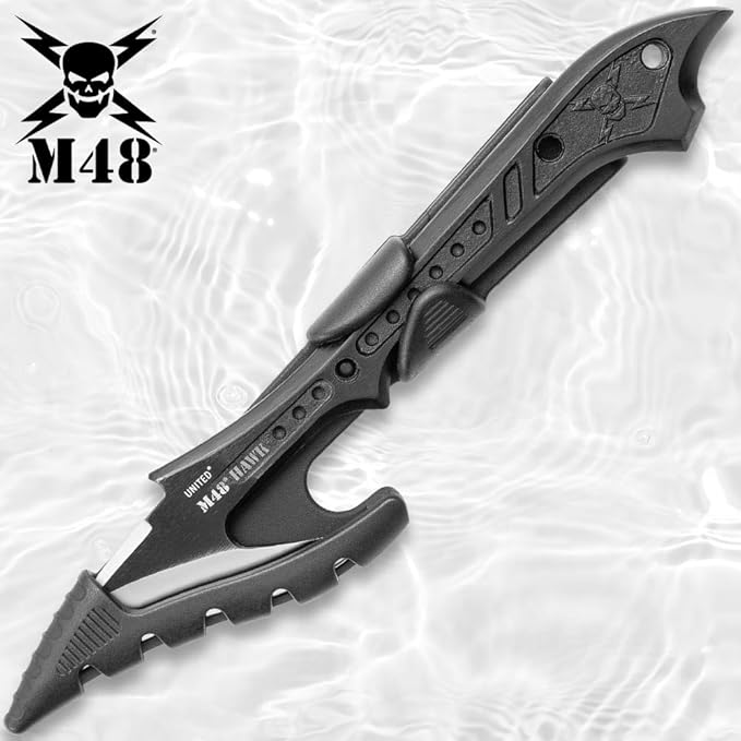 M48 Hawk Harpoon with Molded Locking and Sheath | Stainless Steel Blade | Wicked Curve for Multiple Purposes | Lashing Holes for Attachment | Great for Hunting and Fishing | Rubberized Molded Sheath
