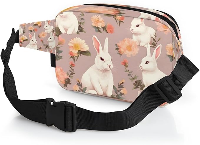 Watercolor Roses Rabbit Waterproof Fanny Pack for Women Men Adjustable Waist Bag with Double Zipper Pockets Lightweight Square Hip Pack for Running Travel Hiking Workout Cycling