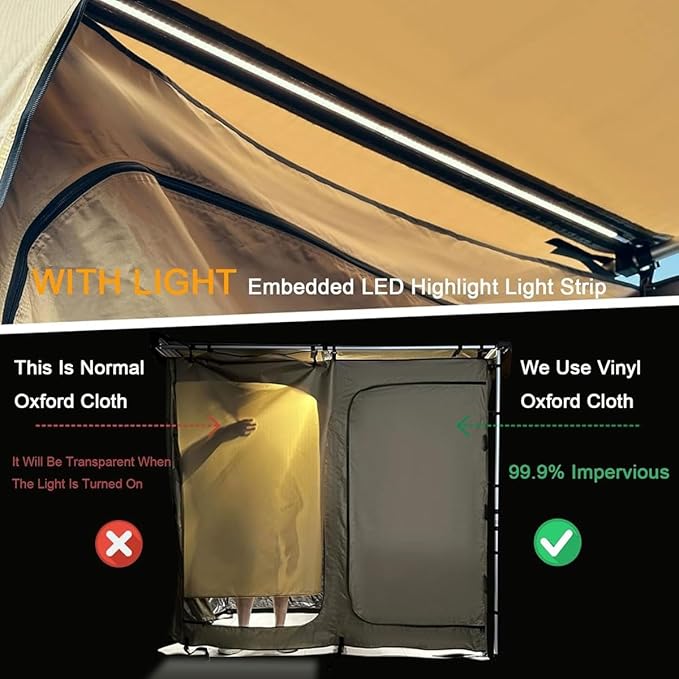 Car Camping Shower TentShower Awning for Roof Rack with RoofCar Side Shower Room with Led Light Strip &amp Storage BagPortable Privacy Shelter Bathroom Outdoor Camping Changing Room