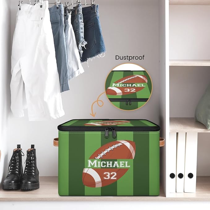 Custom Storage Bins with Zipper Lid Football Personalized Foldable Storage Baskets Green Stripes Closet Shelf Clothes Organizer Cube with PU Leather Handles