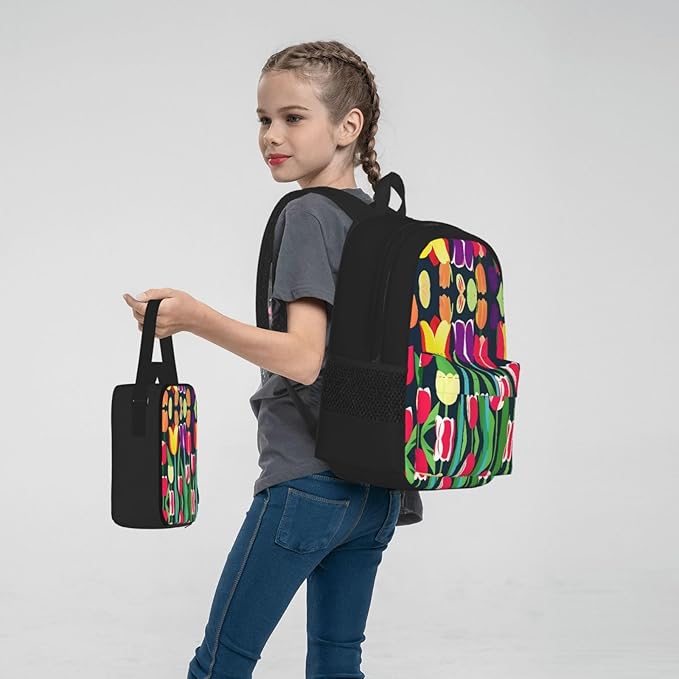 Colorful Tulips Backpack With Lunch Box 3 In 1 Set With Pencil Case Large Capacity Backpack With Chest Strap