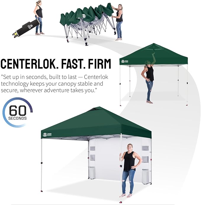 CROWN SHADES Canopy Tent 10x10 Pop Up Canopy Outdoor Shade with Pockets Sidewall Easy Up Sun Shelter with One Person Set Up Center Lock Portable Instant Camping Beach Canopy Tents Forest Green