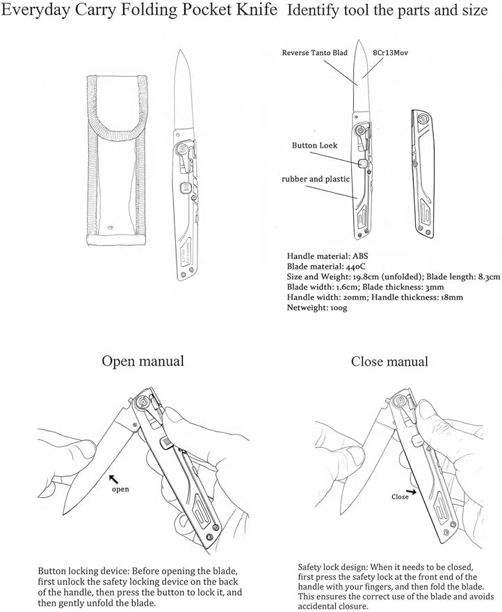 HUAAO Manually Operated Button-Lock Knife 440C Steel Blade ABS Handle With Nylon Sheath EDC Outdoor Camping Tool