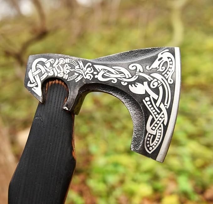 Viking Axe - 20 Inch Long Handle Custom Hand Forged Carbon Steel Combat Axe - Hatchete with Leather Sheath - Bearded Axe for Wood Cutting - Outdoor &amp Camping Axe by Empire Industry