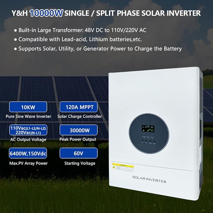 Y&ampH 5000W Solar Inverter DC 48V to AC 110V/220V Low-Frequency Hybrid Inverter with 120A MPPT ControllersPure Sine Wave 15000W Surge Power Solar &amp AC Dual Input Off-Grid Home System