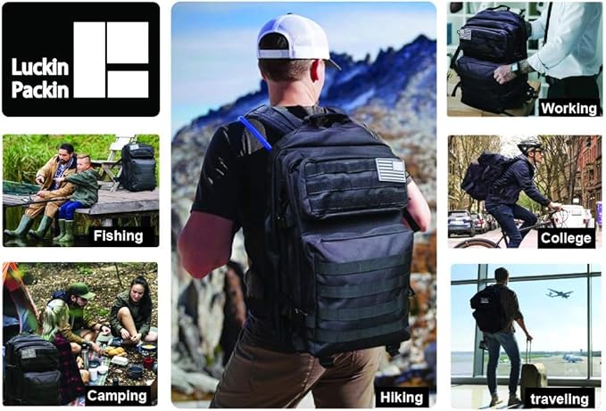 50L Military Tactical Backpack Training Gym Fitness Bag Outdoor Hiking Camping Army Molle Backpacks for Women Travel (Black)